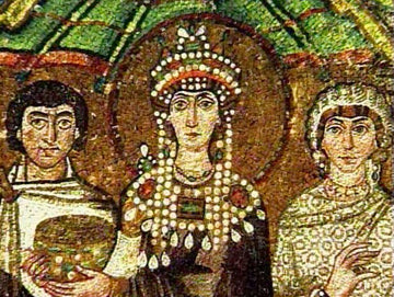 A mural with three people. The man in the middle wears a hat adorned with pearls and an ornate pearl necklace.