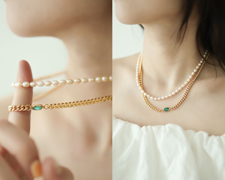 Women wear double layer pearl and chain necklace.
