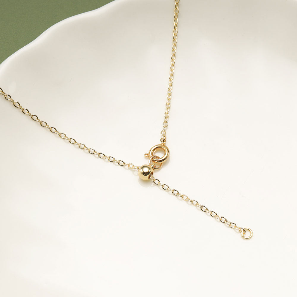A gold adjustable necklace clasp on white plate.