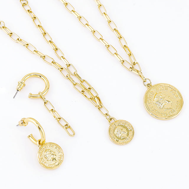 Wishing Coin gold plated jewelry consist of earrings, neckalces and bracelet.