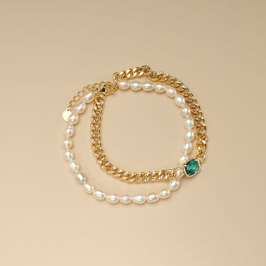 Green Stone Gold Chain and Pearl Bracelet