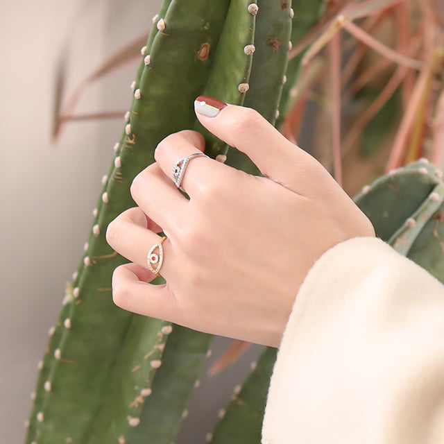A hand with enchanting ring on cactus.