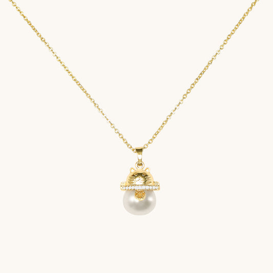 Fortune Cat Pearl Pendant Necklace