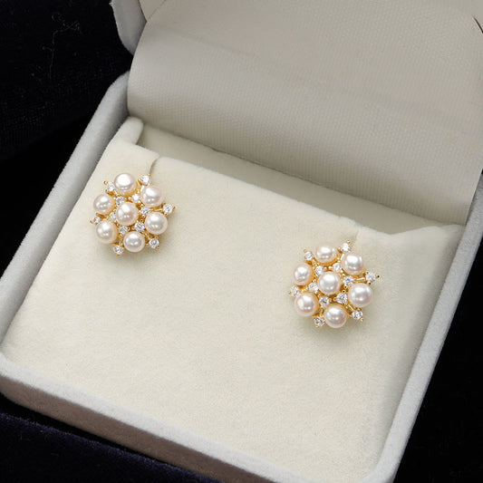 Gold Snowflake Pearl Stud Earrings