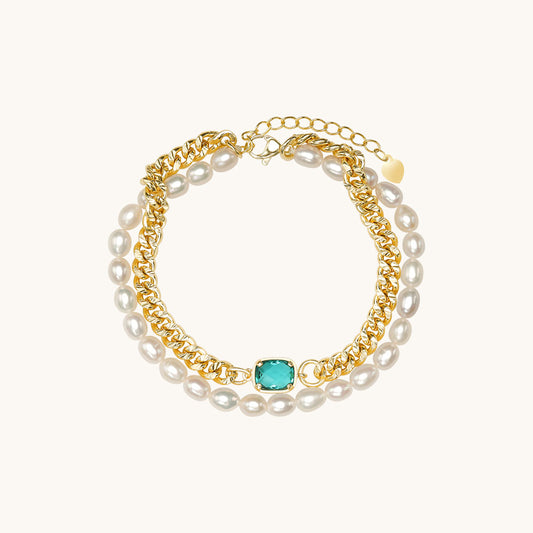 Green Stone Gold Chain and Pearl Bracelet
