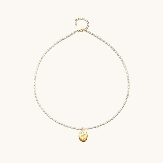 Gold Rose Charm Pearl Necklace