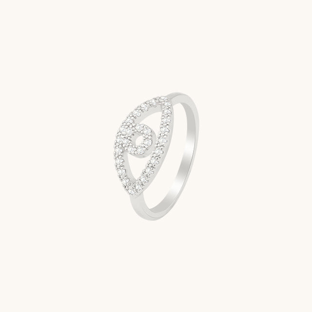 A silver diamond ring.