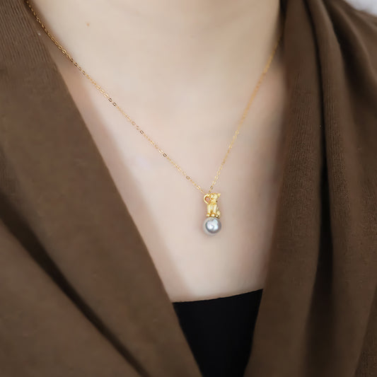Cat Akoya Pearl Gold Pendant Necklace