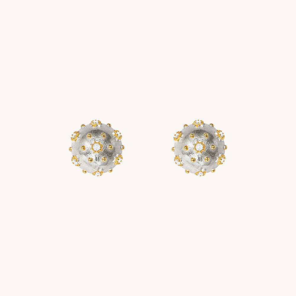 A pair of small silver earrings.