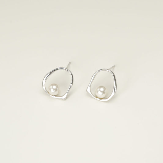 Sterling Silver Hollow Pearl Stud Earrings