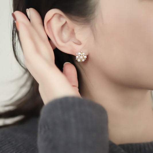 Gold Snowflake Pearl Stud Earrings