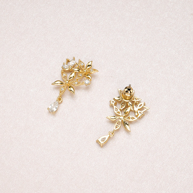 The back of vintage gold earrings with white zircon.